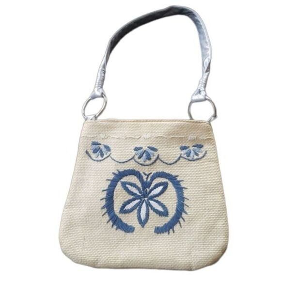 90s Y2K Boho Straw Blue Embroidered Purse Bag - Picture 1 of 9